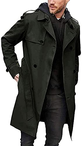 Gafeng Herren Trenchcoat Slim Fit Zweireiher Gürtel Windbreaker Revers Lange Jacke Lässig Winddicht Mantel, Army Grün, XL von Gafeng