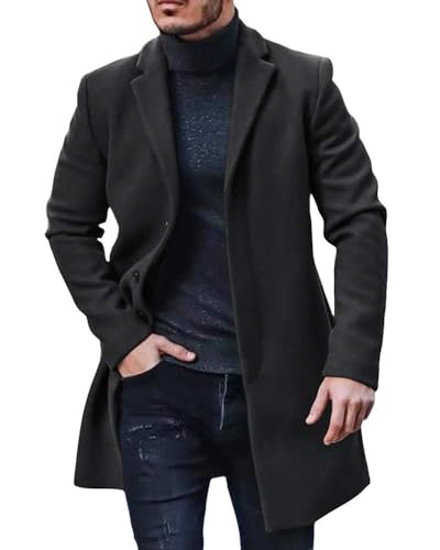 Herren Langer Trenchcoat Slim Fit Topcoats Business Notch Revers Einreihiger Overcoat Winter Baumwollmischung Jacke - Schwarz - X-Large von Gafeng