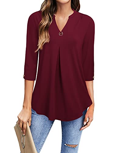 Gaharu Damen Blusen Tuniken Oberteile Für Leggings Longbluse Frauen Party Longtunika Tunic Longshirt 3/4 Ärmel Sleeve Damenblusen Modern Tshirts for Women Work Business Weinrot, L von Gaharu