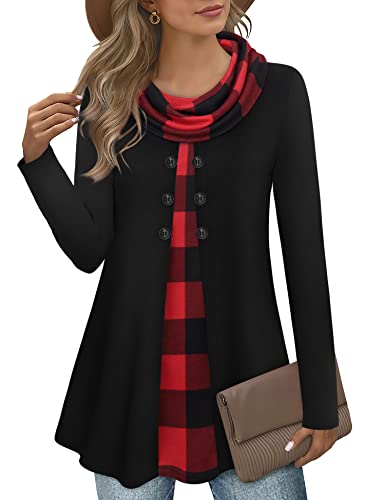 Gaharu Damen Langarmshirt Winter Elegant Tunika Turtleneck Pullover Damen Oversized Rollkragenpullover Damen Lang Baumwolle Oversize Strick Longhoodie Damen Langarm Oberteile Schwarz Rot Kariert,XXL von Gaharu