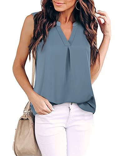 Gaharu Damen Sommer Tank Bluse Casual V Ausschnitt Ärmellos Tunika Top Shirt, blau; grau, Mittel von Gaharu