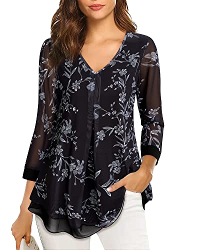 Gaharu Elegante Oberteile Damen 3/4 Arm Shirt Freizeit Lang Festliche Kleidung Damen Frühling Mode Bluse Business Damen Tunika Große Größen Formelle SchöNes Bluse Bauch Kaschieren Blumen Schwarz von Gaharu