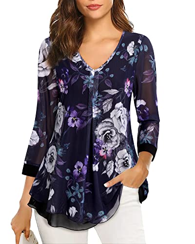 Gaharu Festliches Shirt Damen Elegant 3/4 Arm Longshirt Damen Lässig für Leggings,Damen Tshirt Dreiviertelarm Drapierte Bluse V Ausschnitt Bequem Fließender Stoff Trend Damentunikas Blumen Violett von Gaharu