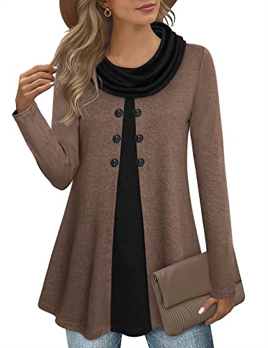 Gaharu Tunika Damen Langarm Elegant Lang Business Pullover Damen Winter Warm Hoodie Longform A-Linie Tunika Langarm Leicht Lässige Strickpullover Damen Oversize Bauch Kaschieren Pullover Braun,XXL von Gaharu