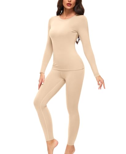 Ganado Thermounterwäsche Set Damen Innenfleece Thermowäsche Thermo Oberteil und Thermohose Leggings Winter Warm Unterwäsche Funktionsunterwäsche (Beige, S) von Ganado