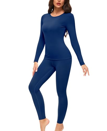 Ganado Thermounterwäsche Set Damen Innenfleece Thermowäsche Thermo Oberteil und Thermohose Leggings Winter Warm Unterwäsche Funktionsunterwäsche (Blau, 2XL) von Ganado