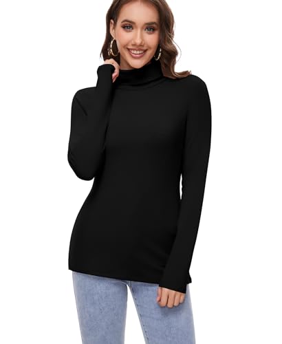 Thermo Oberteil Damen Thermounterwäsche Rollkragenshirt Innenfleece Thermo Unterhemd Rollkragen Langarmshirt Rollkragenpullover Stehkragen Shirt (Schwarz, L) von Ganado