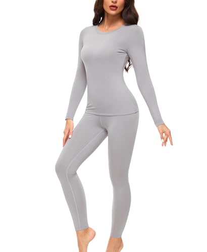 Thermounterwäsche Set Damen Innenfleece Thermowäsche Thermo Oberteil und Thermohose Leggings Winter Warm Unterwäsche Funktionsunterwäsche (Grau, L) von Ganado