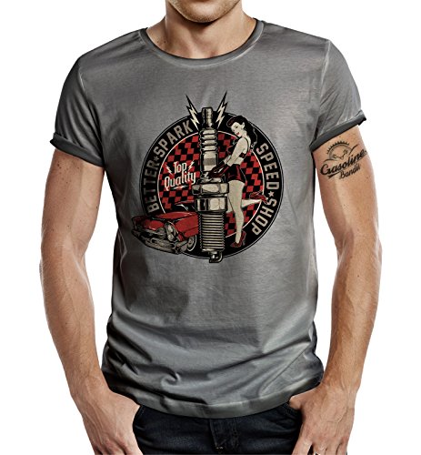 Körperbetontes Slimfit Rockabilly Biker Racer T-Shirt im Used Vintage Look: Speed Shop Better Spark XXL von Gasoline Bandit