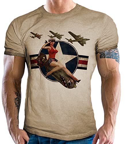 US Army Vintage Used Look T-Shirt: Air Force Bomber Pinup von Gasoline Bandit