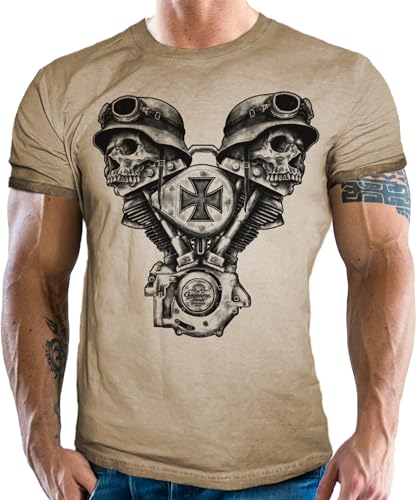 Vintage Retro Used-Look Herren T-Shirt für Motorradfahrer und Biker : V-Twin Skulls Iron Cross von Gasoline Bandit