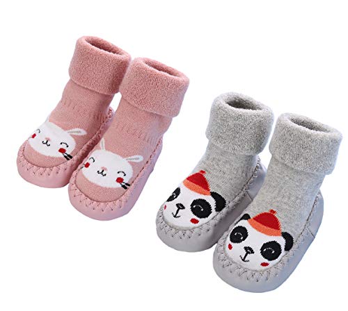 2 Paar Weiche Baby Hausschuhe Winter Socken Kleinkind Mädchen Hausschuhe Baumwolle Neugeborene Kinder Warme Lauflernschuhe Weiche Sohle rutschfest Krabbelschuhe, Rosa Grau, Größe 18-24 Monate von Gavena