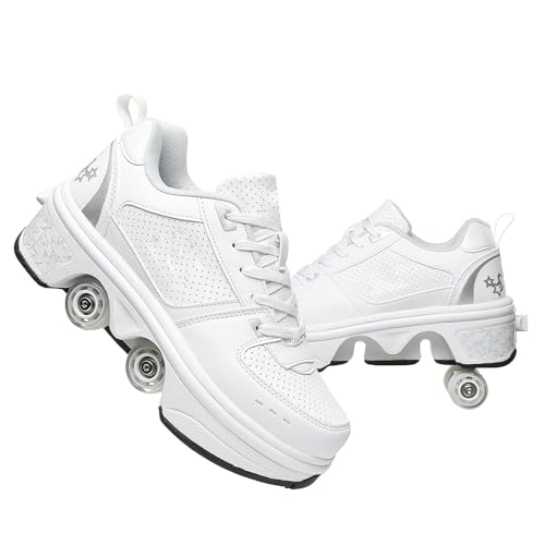 GeRRiT Schuhe Mit Rollen Versenkbarer Technischer Skateboardschuhe Sport Schuhe Kinder Rollschuhe Outdoor Turnschuhe Jungen und Mädchen 4 Rollschuhe,White-38EU von GeRRiT