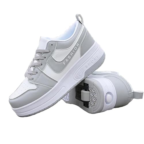 GeRRiT Sportschuhe Skateboard Outdoor Gymnastik Turnschuhe Jungen Mädchen Freizeitschuh Schuhe Mit Rollen Drucktaste Einstellbare Skateboardschuhe Schuhe mit 2 Rollen,Gray-32EU von GeRRiT