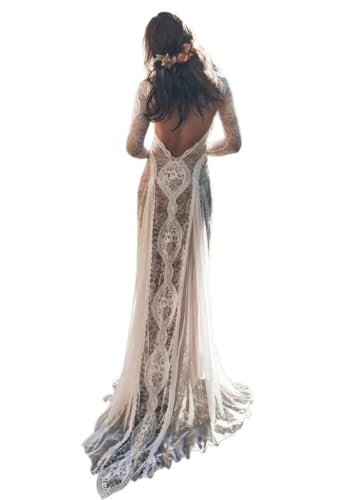 GeRRiT Stilvolle Einfachheit Brautkleid Vintage Spitze Backless Boho Strand Stilvolle Einfachheit Brautkleider Langarm Nude Futter Land Böhmische Brautkleider, Weiß, 40 von GeRRiT