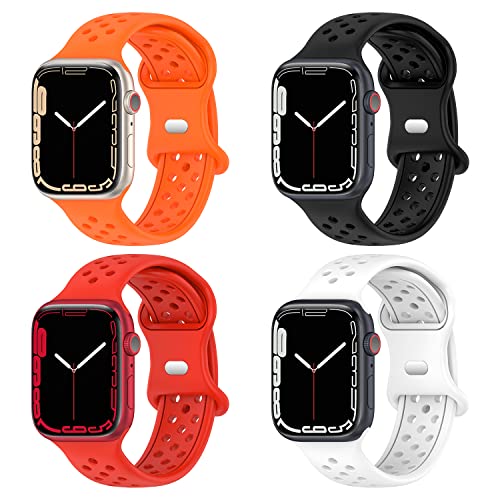 Geageaus Armbänder kompatibel mit Apple Watch 38/40/41/42/44/45/49mm für Damen Herren, Silikon Armband für Apple Watch Series 8 7 6 5 4 3 2 1 SE,Ultra (42/44/45/49mm,Schwarz+Weiß+Roter+Orange) von Geageaus