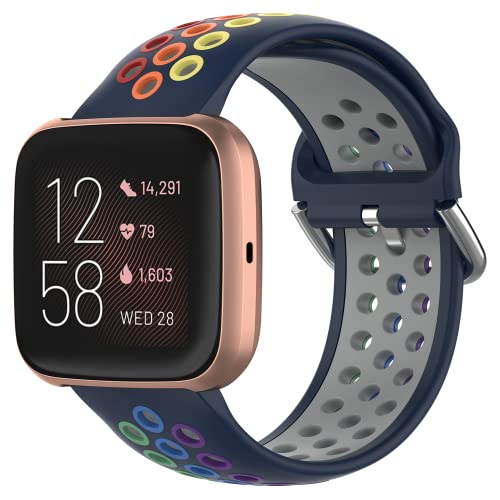 Geageaus Regenbogen Ersatzarmband Kompatibel mit Fitbit Versa/Versa 2,Schnellverschluss Silikon Uhrenarmband für Fitbit Versa Lite/Versa 2/Versa für Herren und Damen(Blauer/Regenbogen) von Geageaus