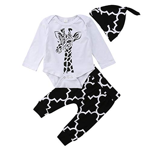 Geagodelia 3tlg Babykleidung Set Baby Jungen Kleidung Outfit Body Strampler + Hose + Mütze Neugeborene Kleinkinder Weiche Babyset Tier (3-6 Monate, Giraffe (Weiß & Schwarz 167 - Langarm)) von Geagodelia