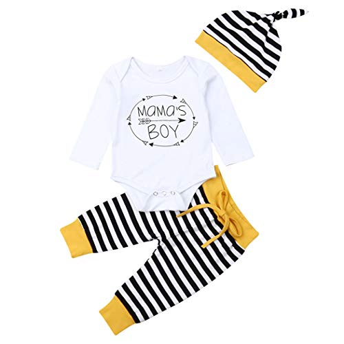 Geagodelia 3tlg Babykleidung Set Baby Jungen Langarm Body + Hose + Mütze Kleinkinder Neugeborene Weiche Warme Baumwolle Babyset Bekleidung (6-12 Monate, Mama's Boy (Weiß + Schwarz Streifen)) von Geagodelia