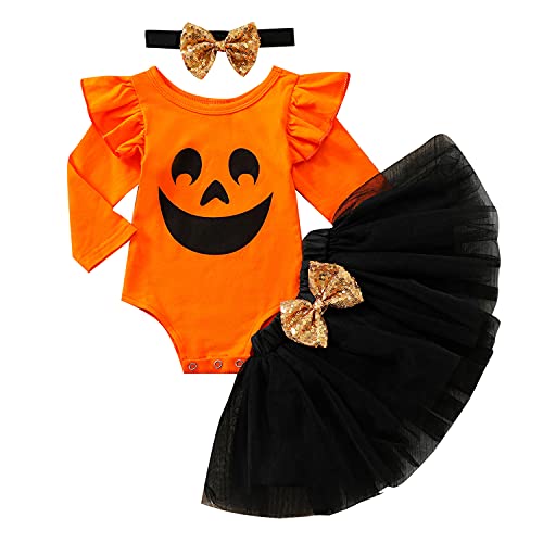 Geagodelia Baby Kleidung Halloween Outfit Babykleidung Set Mädchen Langarm Body Strampler + Tütü Rock Tüllrock Neugeborene Weiche Babyset My First Halloween (Orange & Schwarz 07, 0-3 Monate) von Geagodelia