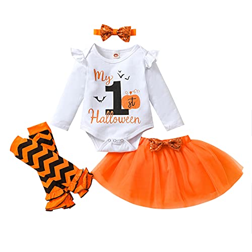 Geagodelia Baby Kleidung Halloween Outfit Babykleidung Set Mädchen Langarm Body Strampler + Tütü Rock Tüllrock Neugeborene Weiche Babyset My First Halloween (Weiß & Orange 49, 3-6 Monate) von Geagodelia