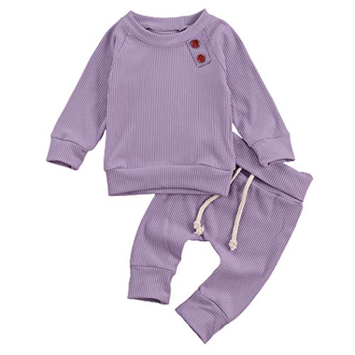 Geagodelia Babykleidung Set Baby Jungen Mädchen Kleidung Outfit Langarm T-Shirt Top + Hose Neugeborene Weiche Einfarbige Babyset T-8718 (Violett, 0-3 Monate) von Geagodelia