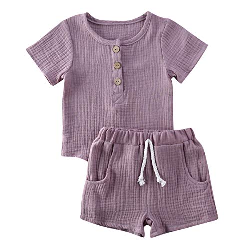 Geagodelia Babykleidung Set Baby Jungen Mädchen Kleidung Outfit T-Shirt Top + Hose Shorts Neugeborene Weiche Einfarbige Babyset T-47740 (Violett - Kurzarm, 12-18 Monate) von Geagodelia