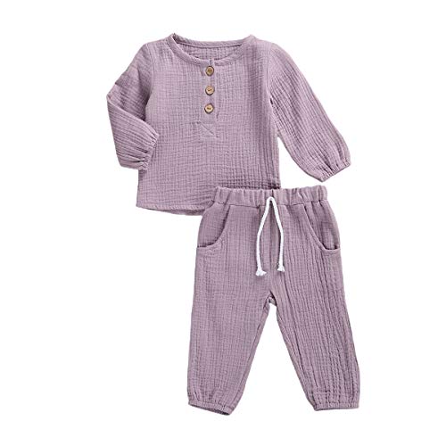 Geagodelia Babykleidung Set Baby Jungen Mädchen Kleidung Outfit T-Shirt Top + Hose Shorts Neugeborene Weiche Einfarbige Babyset T-47740 (Violett - Langarm, 6-12 Monate) von Geagodelia