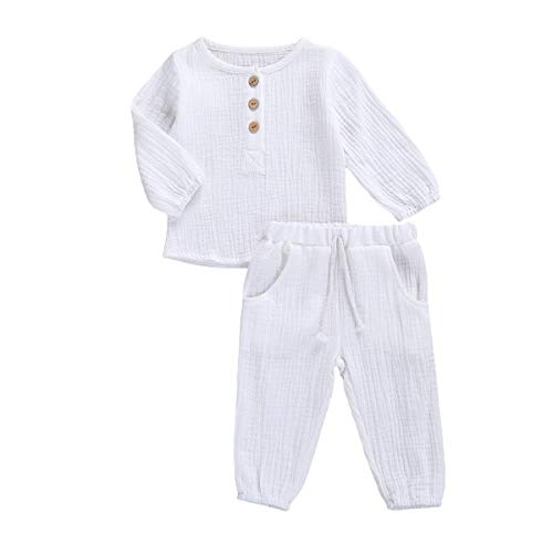 Geagodelia Babykleidung Set Baby Jungen Mädchen Kleidung Outfit T-Shirt Top + Hose Shorts Neugeborene Weiche Einfarbige Babyset T-47740 (Weiß - Langarm, 6-12 Monate) von Geagodelia