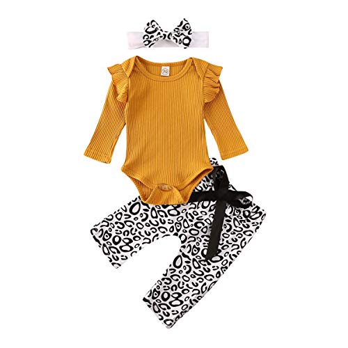 Geagodelia Babykleidung Set Baby Mädchen Langarm Body Strampler + Leopard Hose + Stirnband Neugeborene Kleinkinder Warme Babyset Kleidung (12-18 Monate, Orange) von Geagodelia