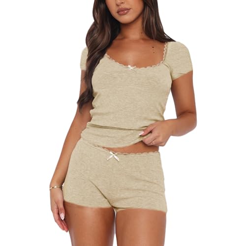 Geagodelia Damen Zweiteiler Lounge Set Hausanzug Weiche Loungewear Pyjamas Elegant 2 Teiler Set Shirt Top + Shorts Schlafanzug Sommer Kleidung Outfit Anzug (B - Khaki, S) von Geagodelia