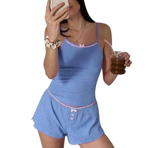 Geagodelia Damen Zweiteiler Lounge Set Pyjamas Sexy Loungewear Schlafanzug Hausanzug Elegant 2 Teiler Set Crop Tank Top + Shorts Sommer Y2k Kleidung Outfit Anzug (F - Blau, M) von Geagodelia