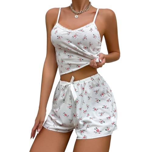 Geagodelia Damen Zweiteiler Lounge Set Pyjamas Sexy Loungewear Schlafanzug Hausanzug Elegant 2 Teiler Set Crop Tank Top + Shorts Sommer Y2k Kleidung Outfit Anzug (G - Weiß, L) von Geagodelia