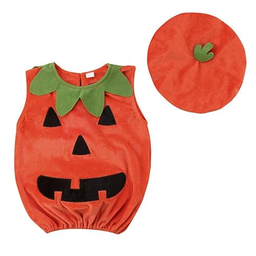 Geagodelia Halloween Baby Kleidung Jungen Mädchen Kürbis Strampler Ärmellos/Langarm Body Overall + Mütze Babykleidung Set Kürbis Oberteile Top Outfit (Orange A, 2-3 Jahre) von Geagodelia