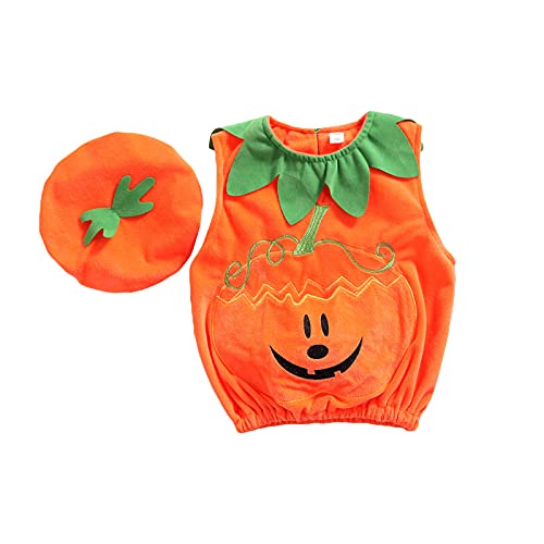 Geagodelia Halloween Baby Kleidung Jungen Mädchen Kürbis Strampler Ärmellos/Langarm Body Overall + Mütze Babykleidung Set Kürbis Oberteile Top Outfit (Orange B, 3-6 Monate) von Geagodelia