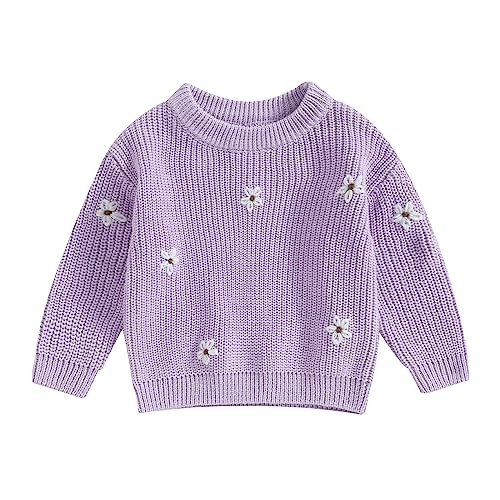 Geagodelia Kleinkinder Baby Oversized Pullover Mädchen Jungen Grobmaschig Strickpullover Herbst Winter Warm Gestrickt Pulli Oberteil Knitted Jumper Sweater (Blumen Lila, 0-3 Monate) von Geagodelia