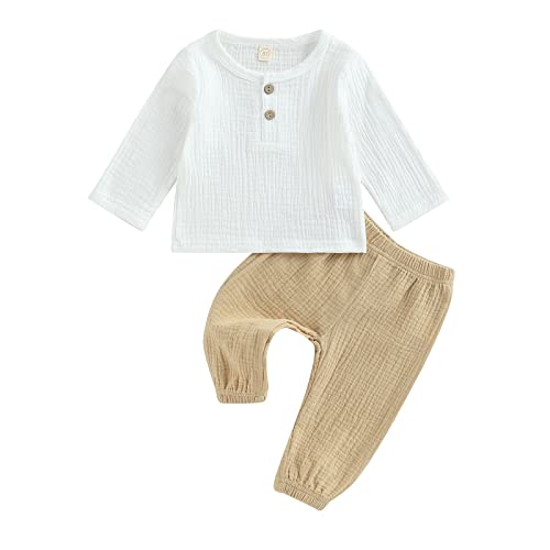 Geagodelia Musselin Baby Junge Kleidung Set Langarmshirt und Hose Bekleidungssets für Kleinkinder Jungen Baby Baumwolle Sommer Outfits (Khaki, 6-12 Months) von Geagodelia