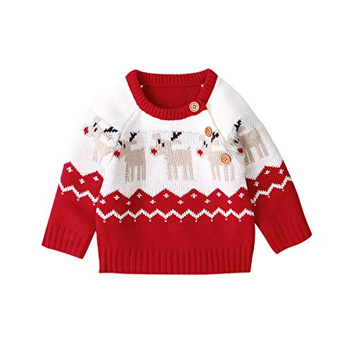 Geagodelia Neugeborenes Baby Junge Mädchen gestrickt Pullover Hirsch Muster Weihnachten Pullover Warm Winter Sweater Weihnachten Pullover (A Rot Pullpver, 12-18 Monate,100) von Geagodelia
