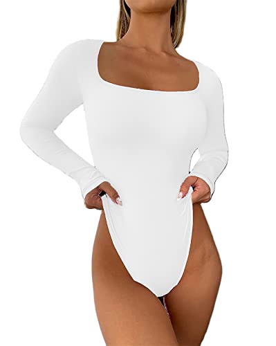 Gerippter Body Damen Elegant Langarm Oberteil Sexy Top Langarmshirt Unterziehshirt Figurbetont Langarmbody Bodycon Jumpsuit Party Outfit (Weiß, XL) von Geagodelia