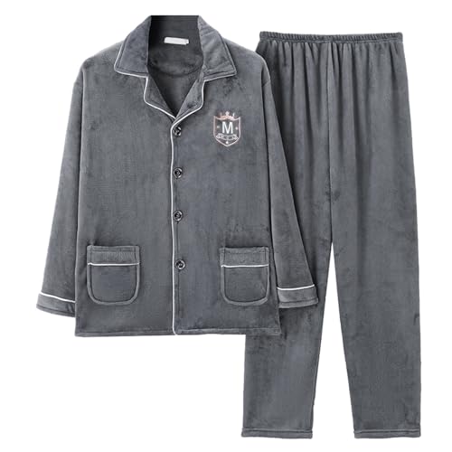 Gefomuofe Schlafanzug Herren Lang Teddyfleece Schlafanzug lang mit Bündchen Herren Pyjama Set Freizeit Sport Tennishose Tether Shorts Anzüge lang mit Knopfleiste - Nightwear Set von Gefomuofe