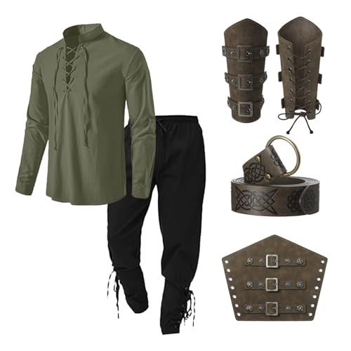 Gefomuofe Wikinger Kostüm Herren Hemd Piratenkostüm Set Leinenstoff Renaissance Kleidung Mittelalterliche Kleidung Klassisches Schnürhemd Piratenhemd Hose Accessoire Set 4-teiliges Set von Gefomuofe