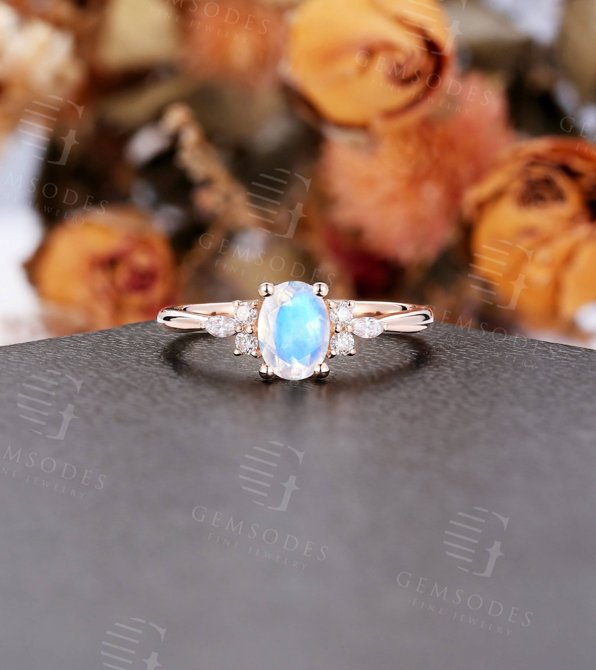 Art Deco Mondstein Verlobungsring Antik Rosegold Ring 7 Stein Ehering Marquise Schliff Versprechen Jahrestag von GemsOdes