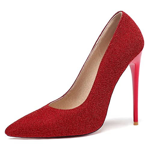 12.5CM/4.9IN Damen Spitzschuh High Heel Pumps Slip On Party Schuhe Kleid Schuhe Abschlussball Party Hochzeit Braut Pumps Outdoor Büro Schuhe (Rot 10.5 UK) von Generic