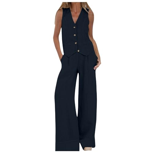 2-teiliges Freizeit-Outfit Baumwolle für Damen, ärmellose Weste mit Knopfleiste, gerade geschnittene Hose mit weitem Bein Taschen Jumpsuit Hochzeit Braut Hosenanzug Damen Streifen 2-teiliges Freizeit-Outfit Baumwolle für Damen, ärmellose Weste mit Knopfleiste, gerade geschnittene Hose mit weitem Bein Taschen Jumpsuit Hochzeit Braut Hosenanzug Damen Streifen von Generic