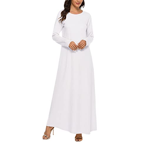 2023 - Kleid Lang Solid Islamisch Muslim Kleid Ärmel Damen Abaya Unterkleid Casual Damen Freizeitkleid Hoher Ausschnitt Kleid Damen, weiß, XX-Large von Generic
