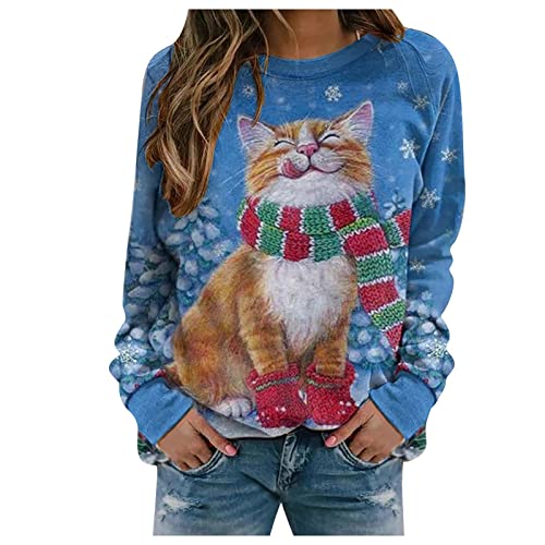2023 Neu - Damen Pullover Mode Casual Weihnachten Katze Gedruckt Muster O Ausschnitt Langarm Warm Sweatshirt Tops Fleece Winterjacke, blau, 46 von Generic