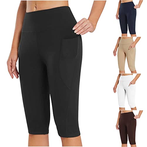 3/4 Leggings Damen High Waist Blickdicht Caprihose Sommer Kurze Sporthose Casual Einfarbig Yogahose Elastisch Laufhose Baumwolle Sport Jogginghose mit Taschen Sportleggins für von Generic