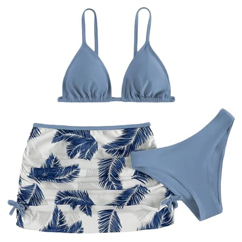 3 Stück Mädchen Bikini Sets Einfarbige Badeanzug mit Blatt Drucken Rock Sommer Strand Bademode Badebekleidung Schwimmanzug 6-14 Jahre von Generic