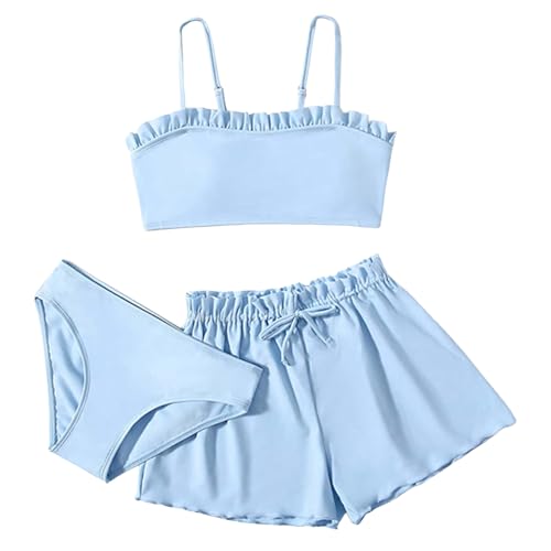 3 Teiliges Mädchen Bikini Sets Einfarbig Badeanzug Verstellbare Bikini Oberteil+Triangel Bikinihose+Kurz Shorts Sommer Strand Schwimmanzug Bademode Badebekleidung für 8-16 Jahre (Blau, 10-12 Jahre) von Generic