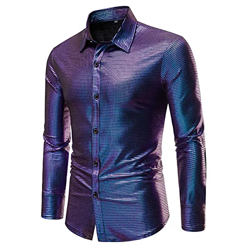 80er Jahre Outfit Herren Glitzer Hemd Partyhemd Langarm Pailletten Shirt mit Button-Down Kragen Glänzend Metallic Langarmshirt Pailettenhemd Slim Fit Shirts für Disco Party Club Mottoparty Rave Outfit von Generic